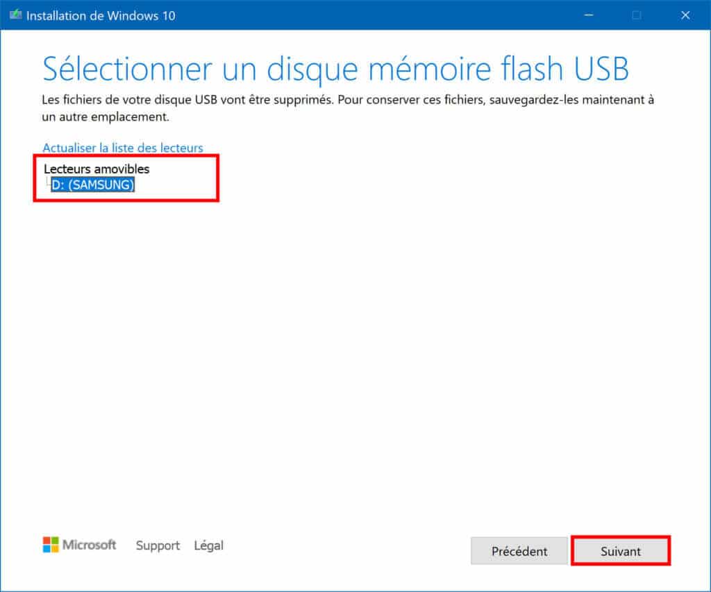 Sélectionner un disque mémoire flash USB à utiliser