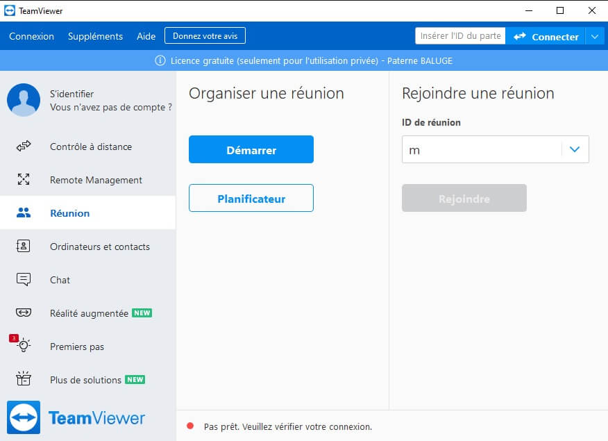 Interface d'accueil TeamViewer 